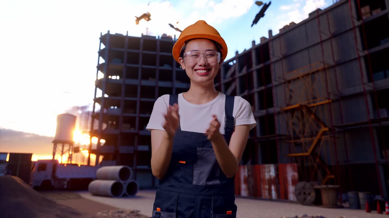 Asian Woman Worker Wearing Goggles And Safety Helmet Smiling And Clapping Her Hands While Standing At Construction Site