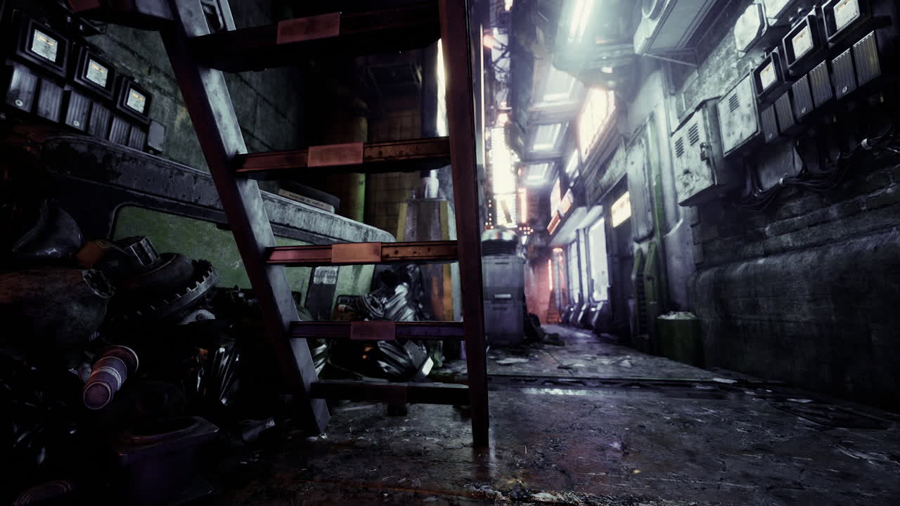 Urban alley with industrial features and staircase in futuristic setting