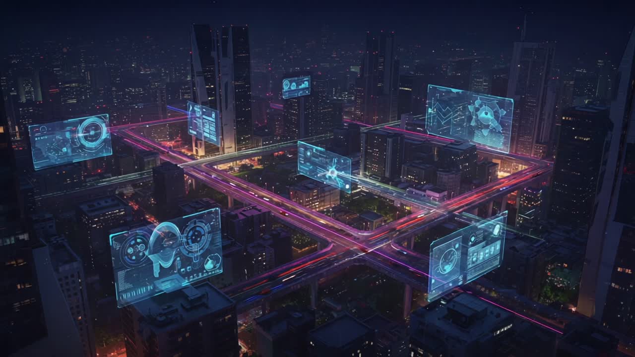 Paesaggio urbano futuristico con interfacce digitali avanzate su autostrade e grattacieli interconnessi, che mostra la tecnologia moderna in un ambiente notturno cittadino