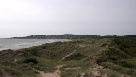 a slow-motion establishing shot of a swedish beach under an overcast sky. gentle waves roll in the background, while grassy dunes and sandy hills sway in the wind, creating a serene, melancholic mood.