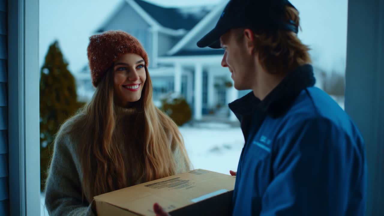 A joyful moment captured as a delivery driver hands over a package to a smiling woman, creating a warm atmosphere amid a snowy backdrop, highlighting connection and service