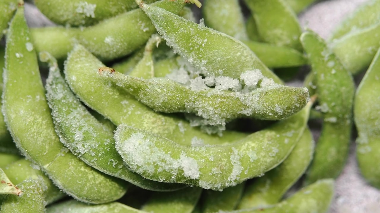 Close-up of Frozen Edamame Beans in Pods