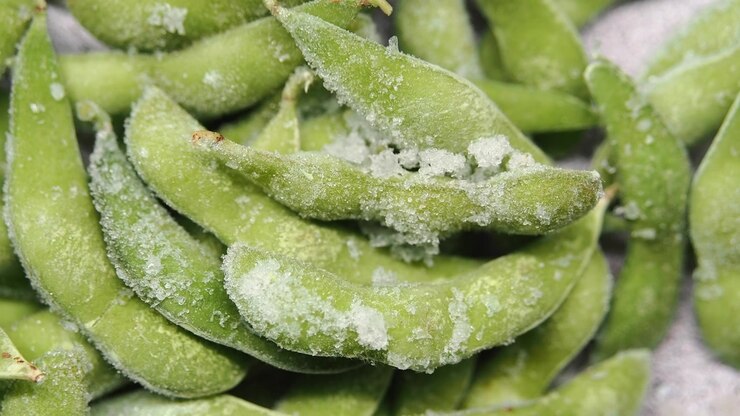 Close-up of Frozen Edamame Beans in Pods