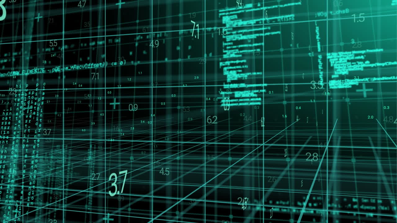 animación de capas de procesamiento de datos y codificación que se mueven sobre una cuadrícula 3d sobre fondo negro
