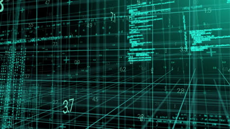 animation of layers of processing data and coding moving over 3d grid on black background