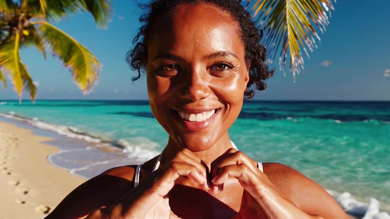 Donna sorridente che forma un cuore con le mani su una spiaggia tropicale.