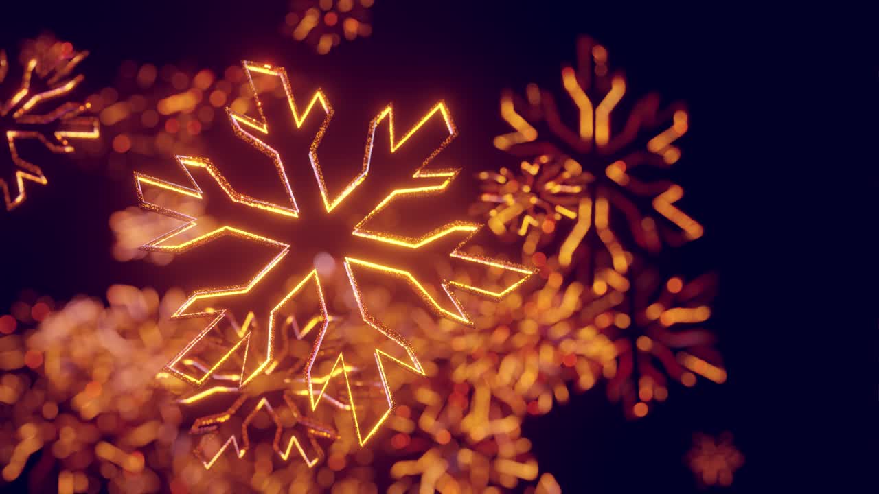 3d fondo de navidad dorado con bokeh y profundidad de campo de juguetes brillantes copos de nieve colgando en el aire hermosamente brillantes lentamente balanceándose y brillando en la luz. hermoso 3d para el año nuevo en 4k
