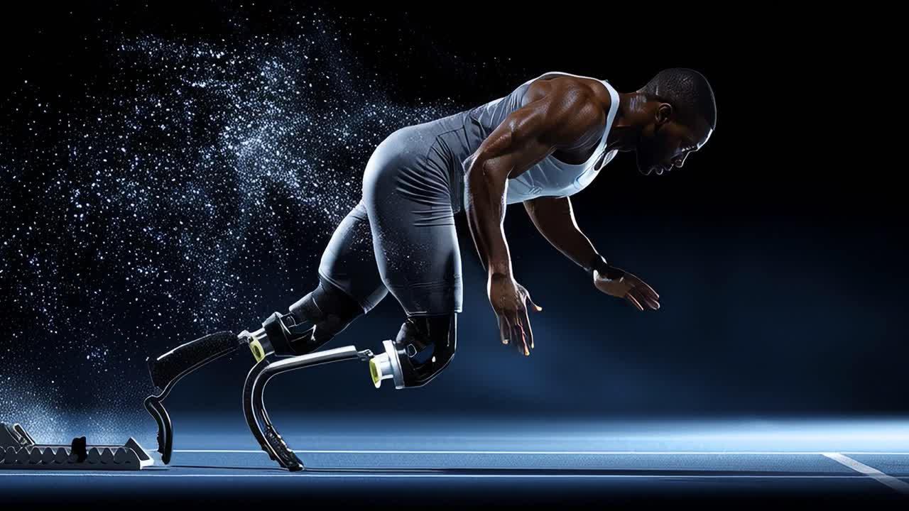 Incredible Sprint: A Determined Athlete with Prosthetic Legs Competing on the Track, Displaying Strength and Resilience in an Inspiring Moment of Speed and Precision