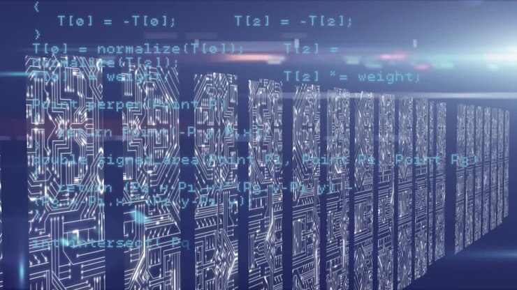 Animation of data processing and integrated circuits over blue background
