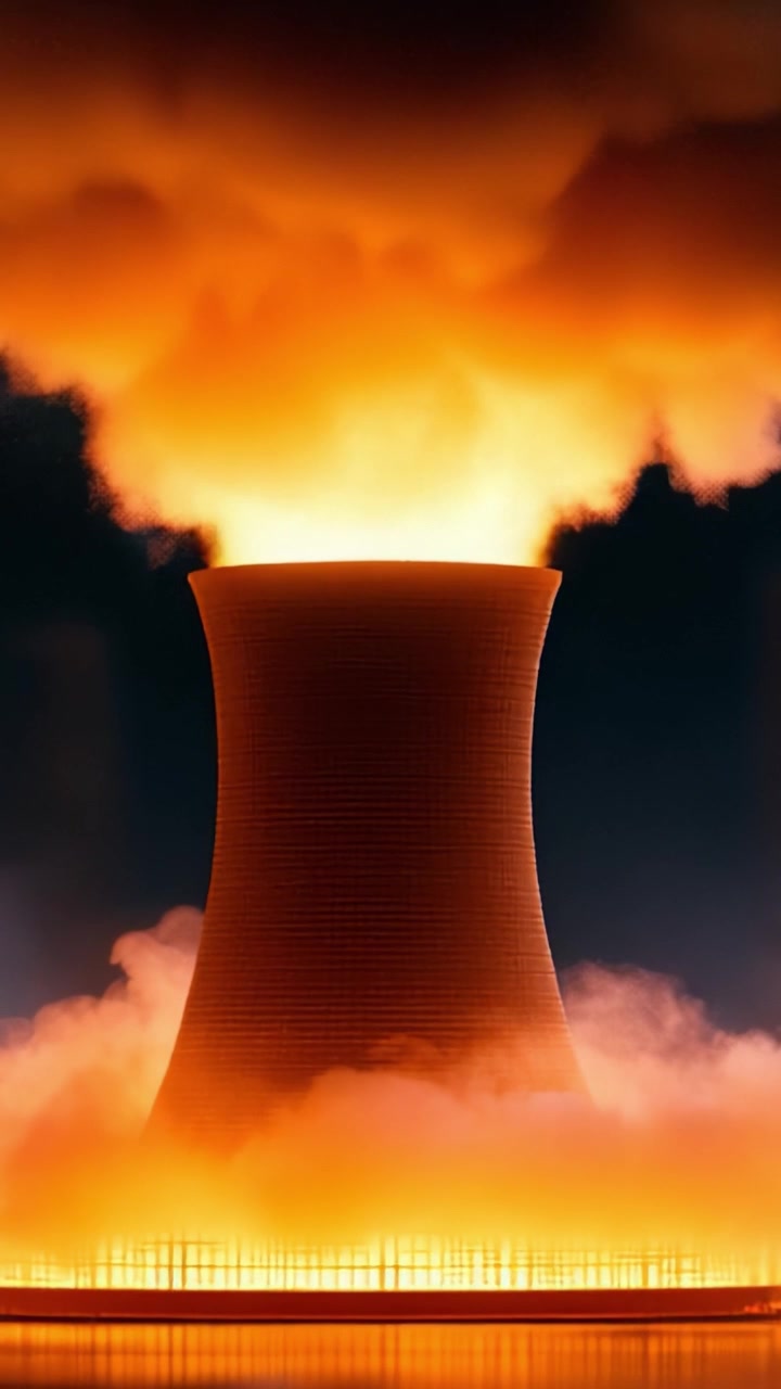 Spectacular Eruption of a Cooling Tower at Dusk, Surrounded by Intense Flames and Dramatic Smoke Emissions Highlighting the Power of Energy Production.