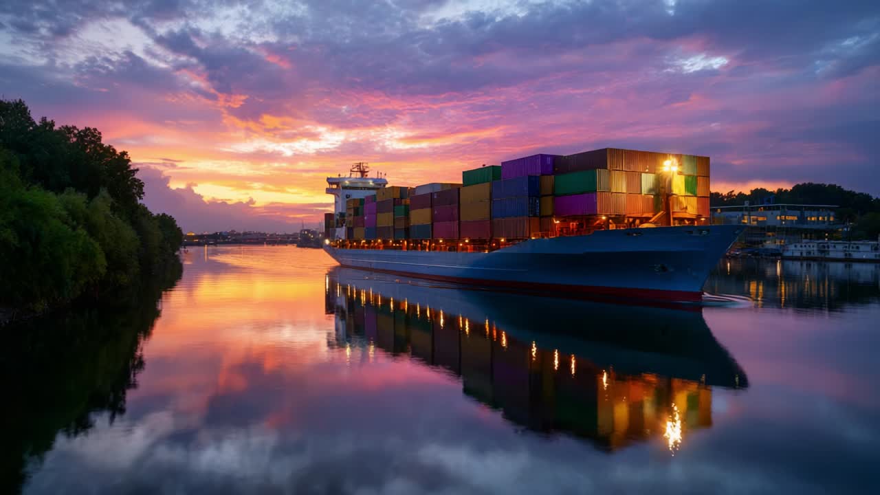 Container ship at sunset