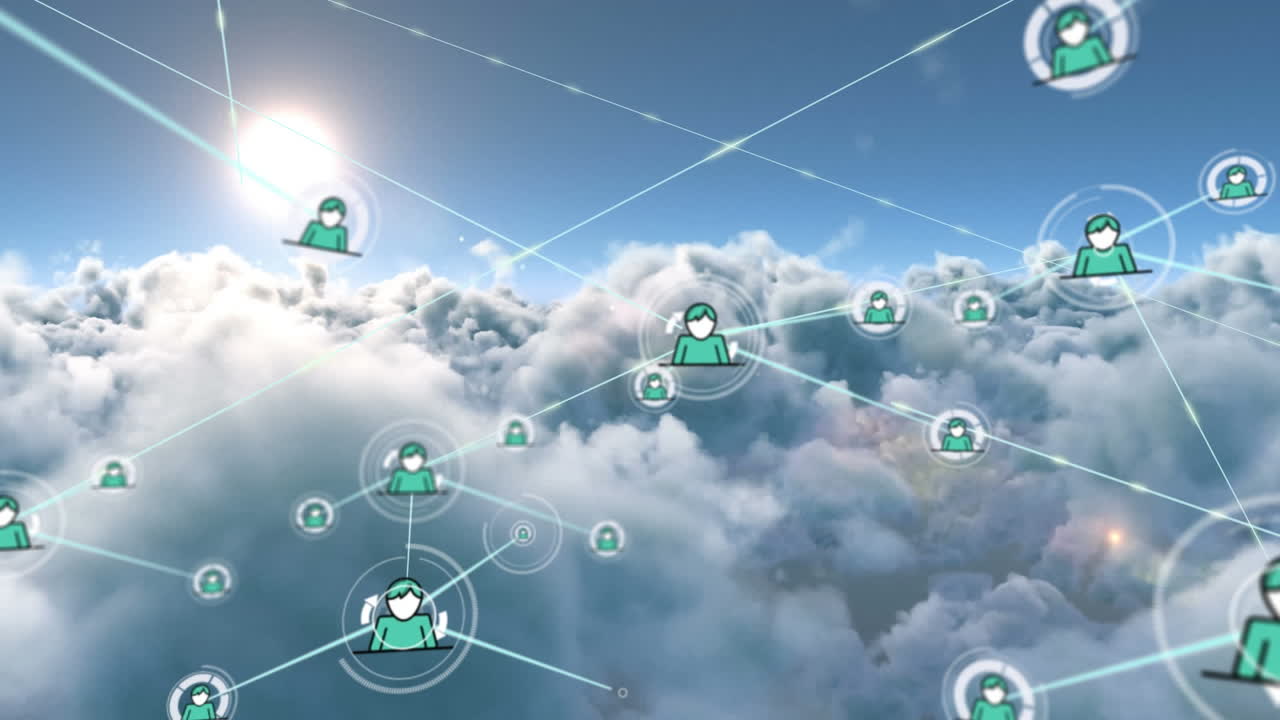 animación de redes de conexiones con iconos en el cielo