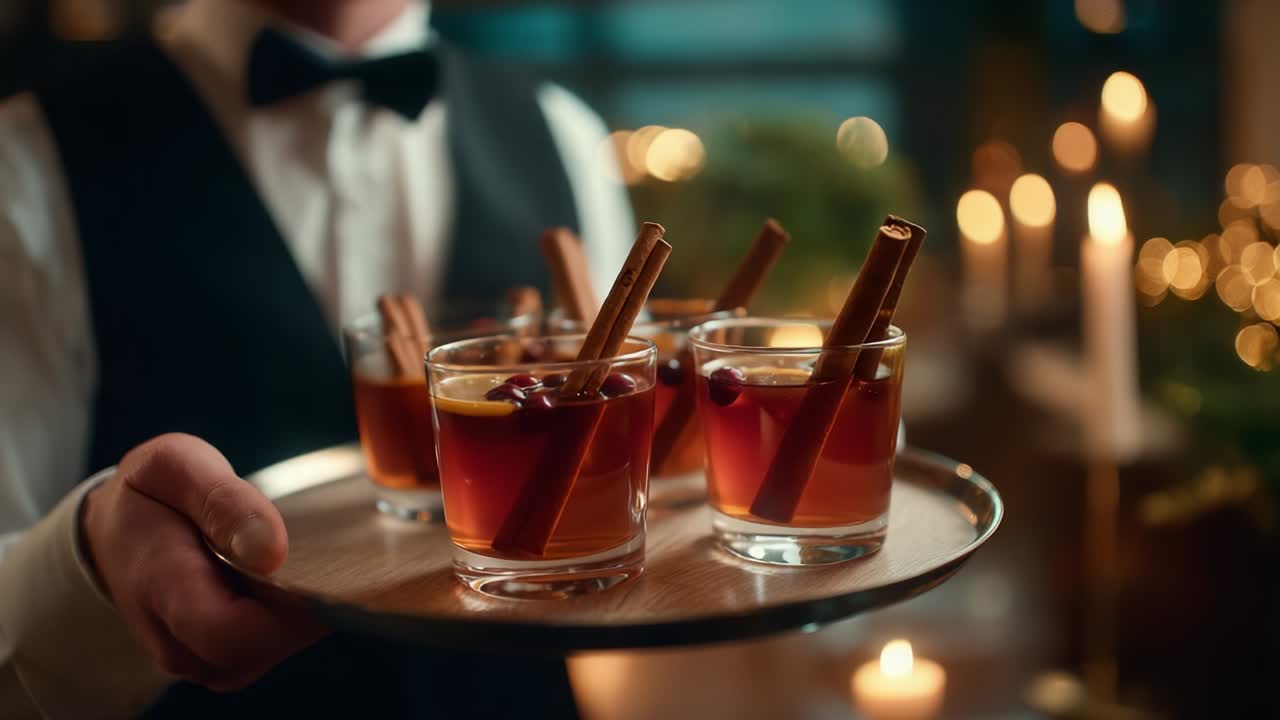 A sophisticated evening setting featuring an elegantly dressed server presenting a tray of cocktails adorned with cinnamon sticks and berries, creating an inviting atmosphere with warm lighting and festive decor