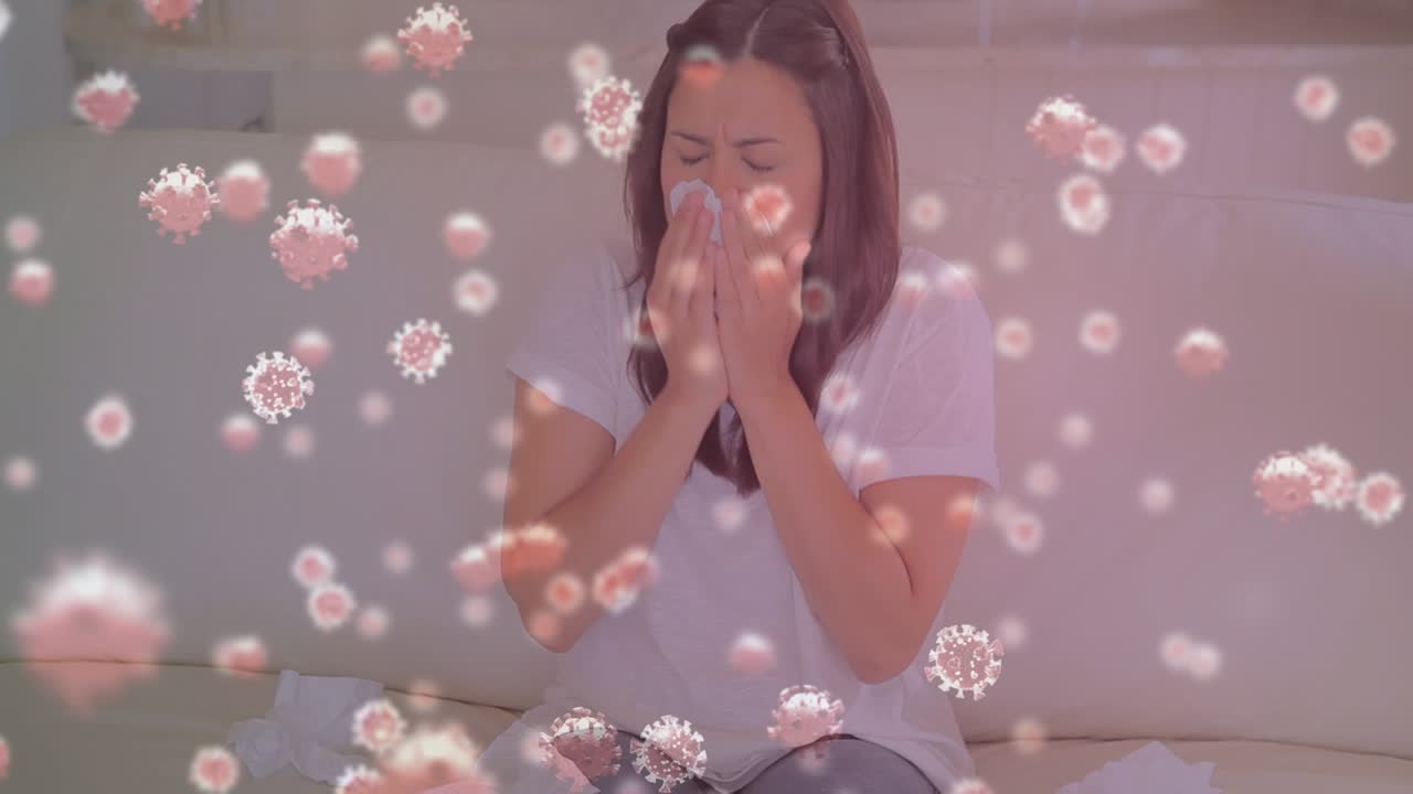 Animación de células de virus sobre mujer caucásica estornudando