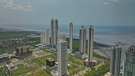 panama city aerial v84 panoramic view drone flyover costa del este neighborhood capturing waterfront condominium complex and residential communities housing areas - shot with mavic 3 cine - march 2022