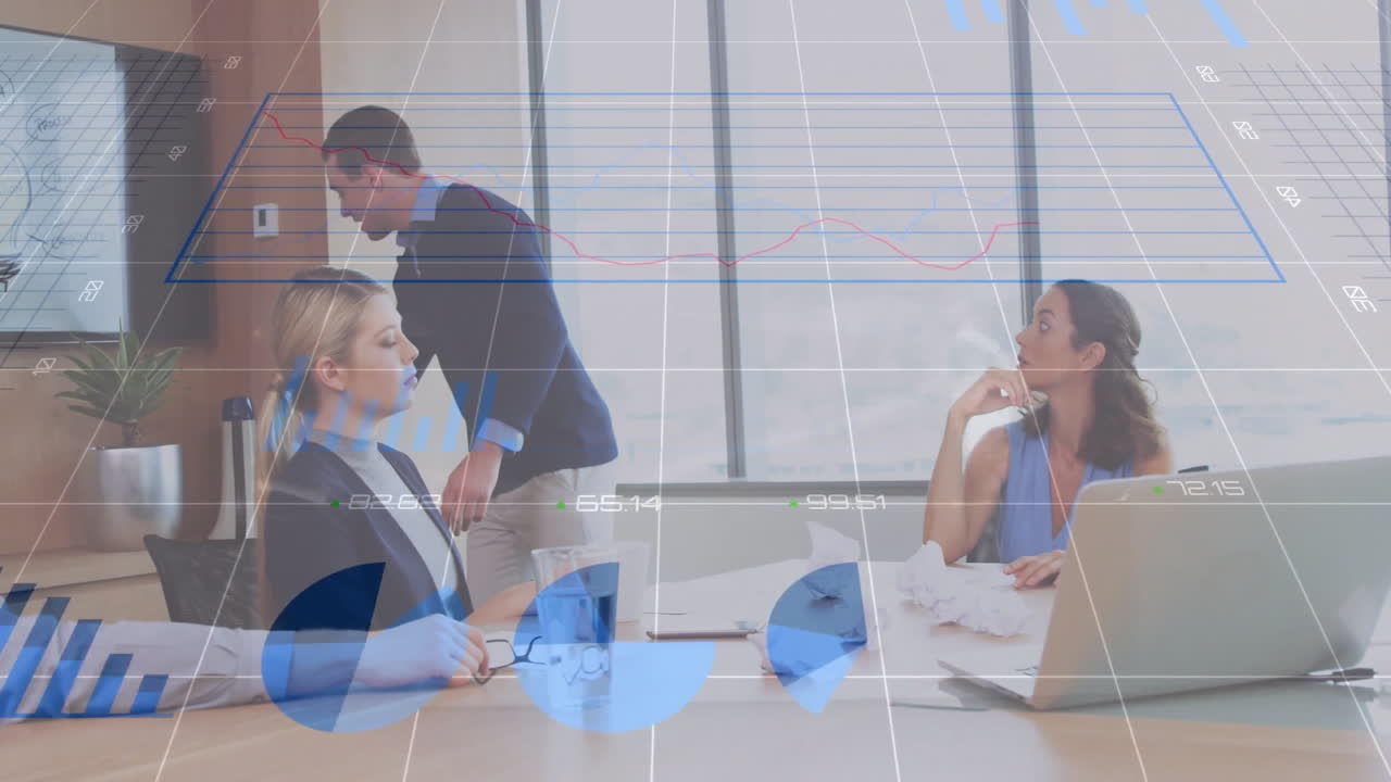 In office, diverse team discussing business meeting with data charts and animation