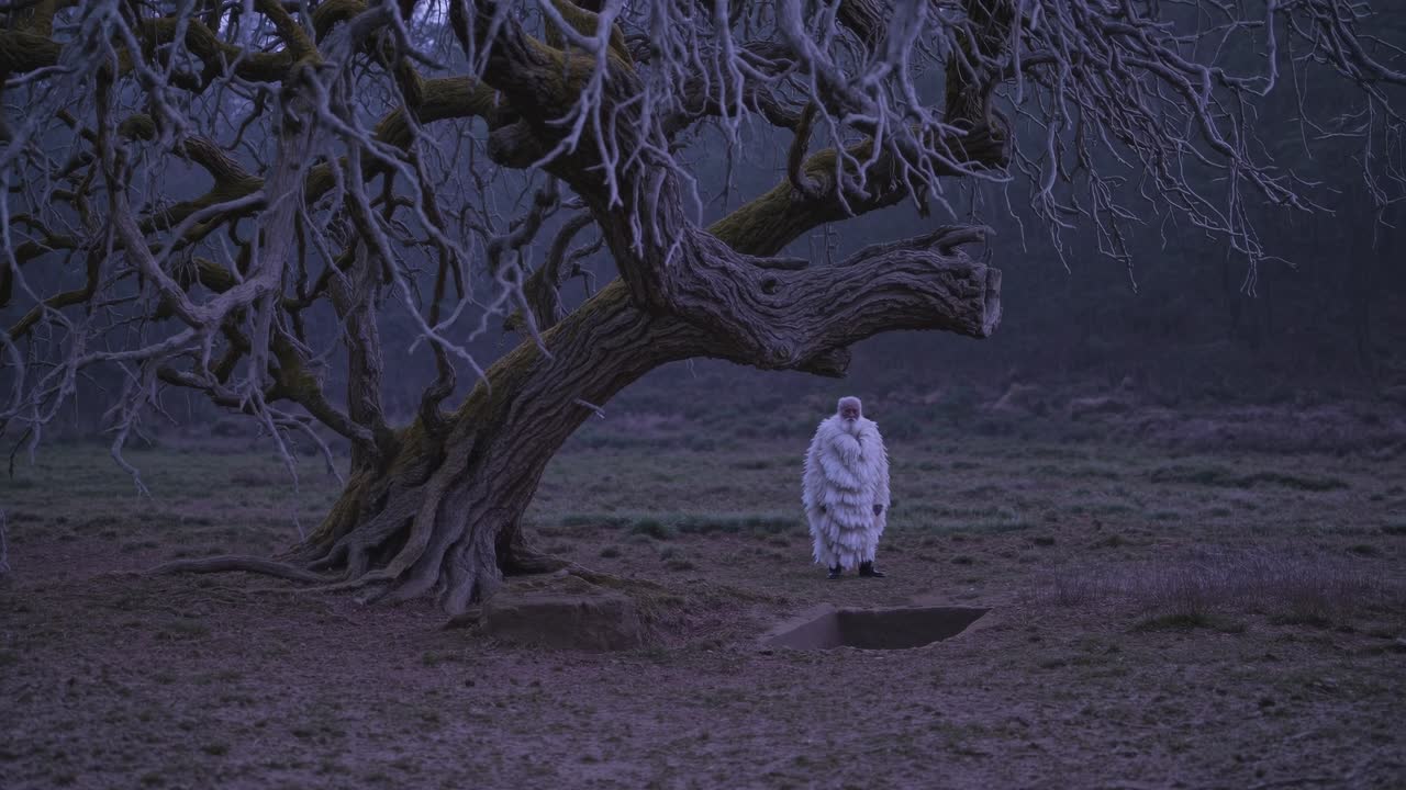 Senior shaman wearing white fur coat performing a ritual near a bare tree and a small ditch at twilight, creating a mystical and evocative scene