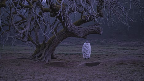 senior shaman wearing white fur coat performing a ritual near a bare tree and a small ditch at twilight, creating a mystical and evocative scene