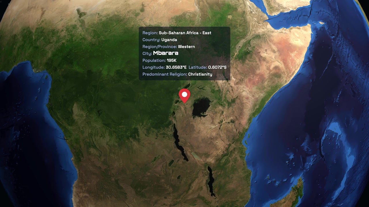 Digital globe rotates and zooms into Mbarara Uganda with a detailed information panel overlay