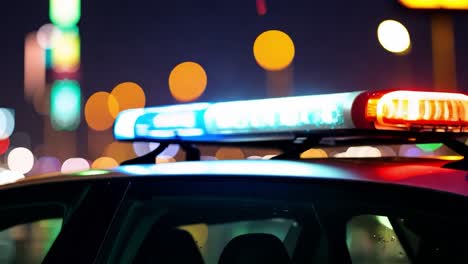 primer plano de un coche de policía con las luces encendidas por la noche