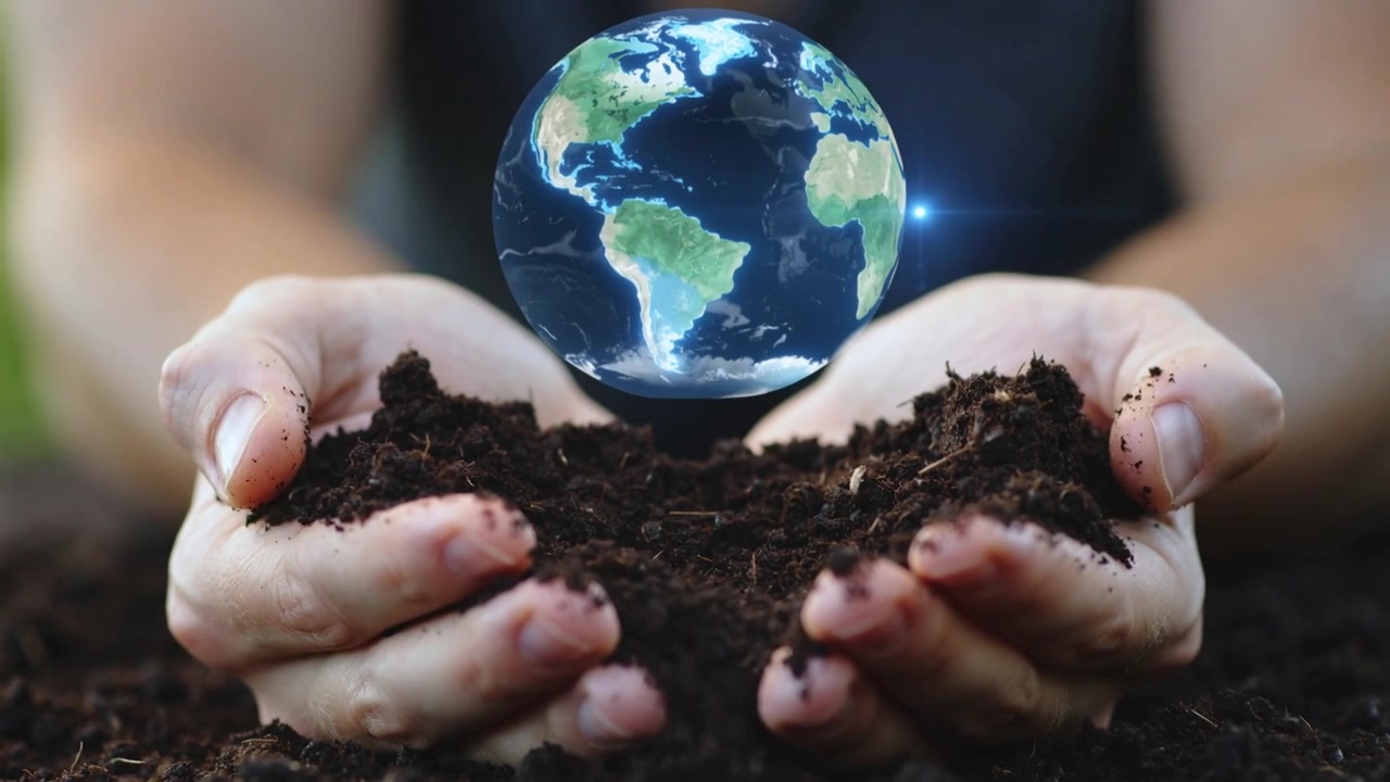 Manos ahuecadas sosteniendo tierra en un jardín, con un globo terráqueo apareciendo, elevándose y protegiendo la Tierra.