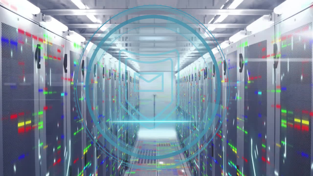 Digital envelope icon animation over servers in data center hallway