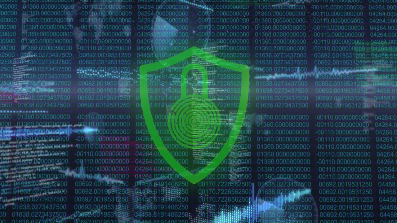 animación de la interfaz con datos digitales en movimiento y alerta de candado rojo y verde parpadeante