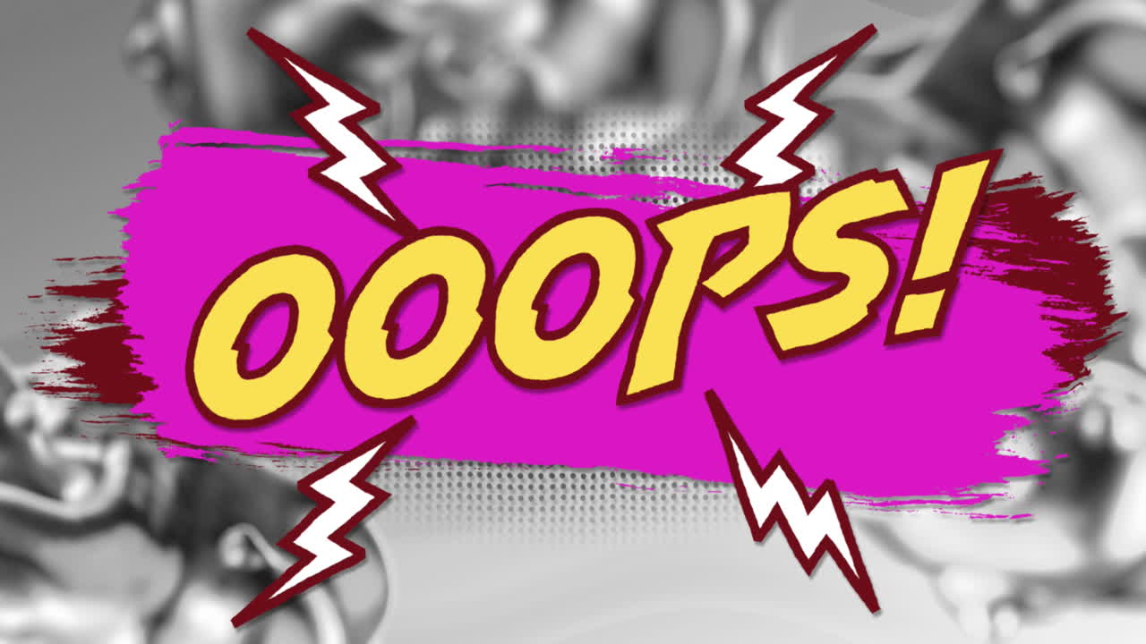 animación de texto retro oops en letras amarillas sobre trazo de pintura rosa en el fondo