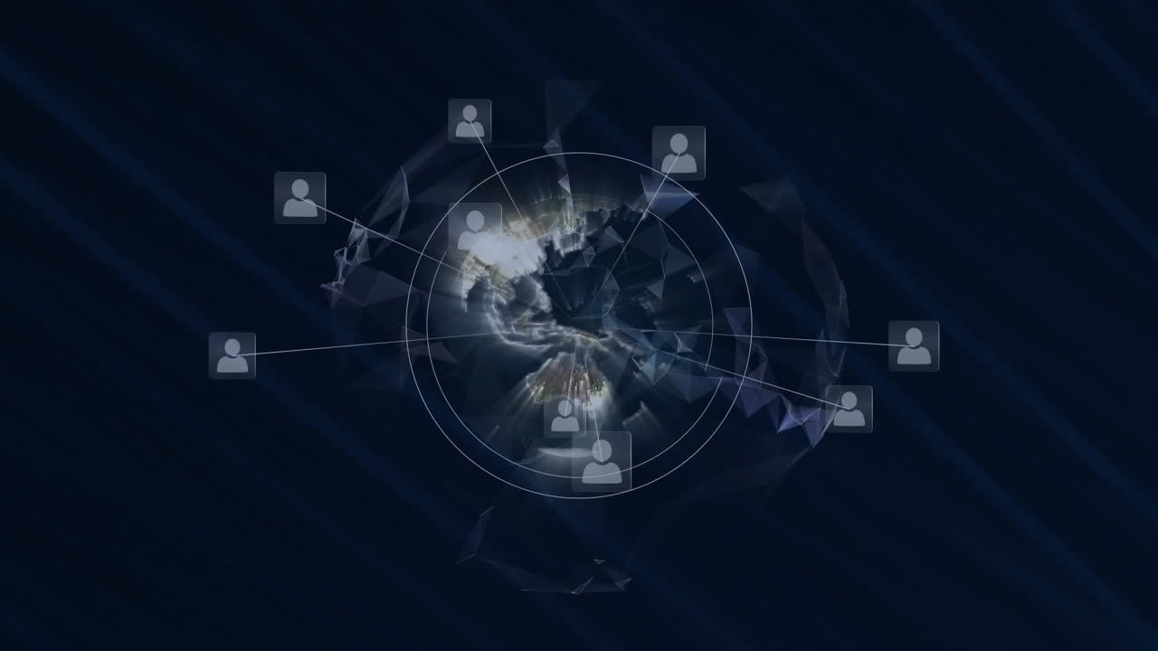 검은 바탕 위에 아이콘과 글로브로 연결된 네트워크의 애니메이션