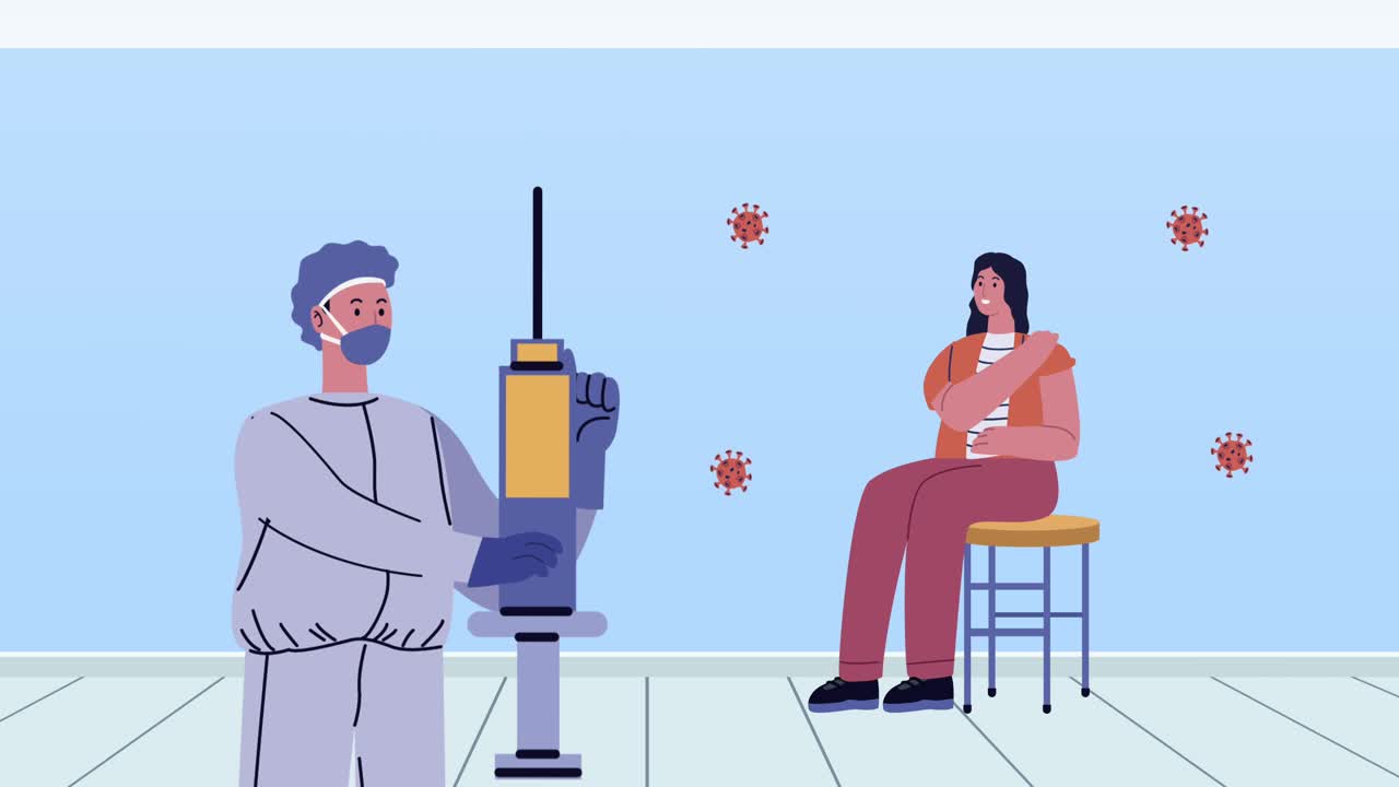 covid19 virus particles animation with doctor vaccinating woman