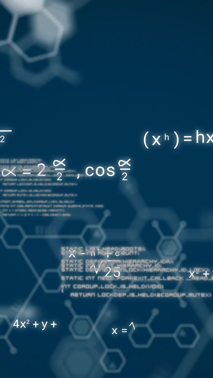 Animation of data processing and mathematical equations on black background