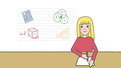 animación de una escolar tomando notas sobre los íconos de los artículos escolares en fondo blanco