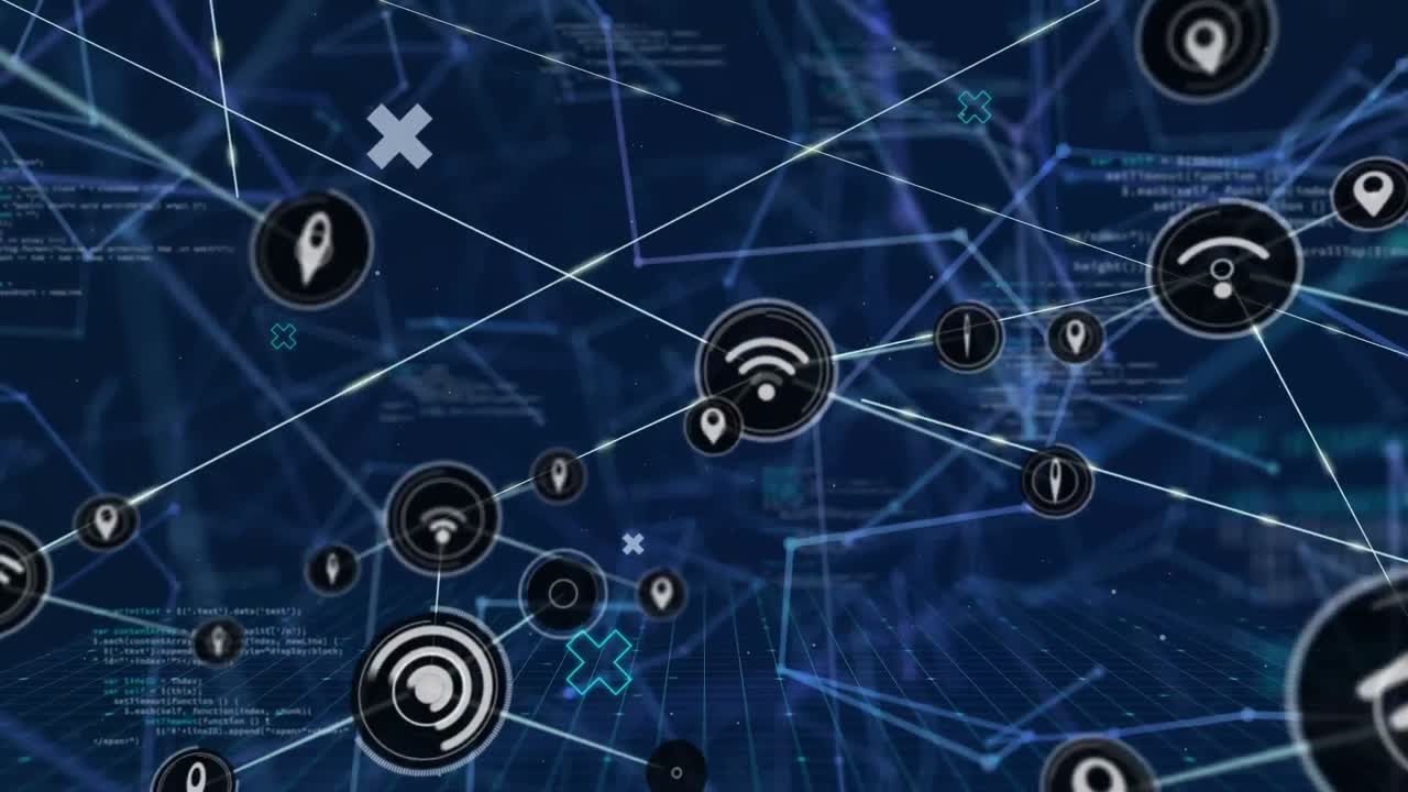animación de la red de iconos digitales y procesamiento de datos contra un fondo azul