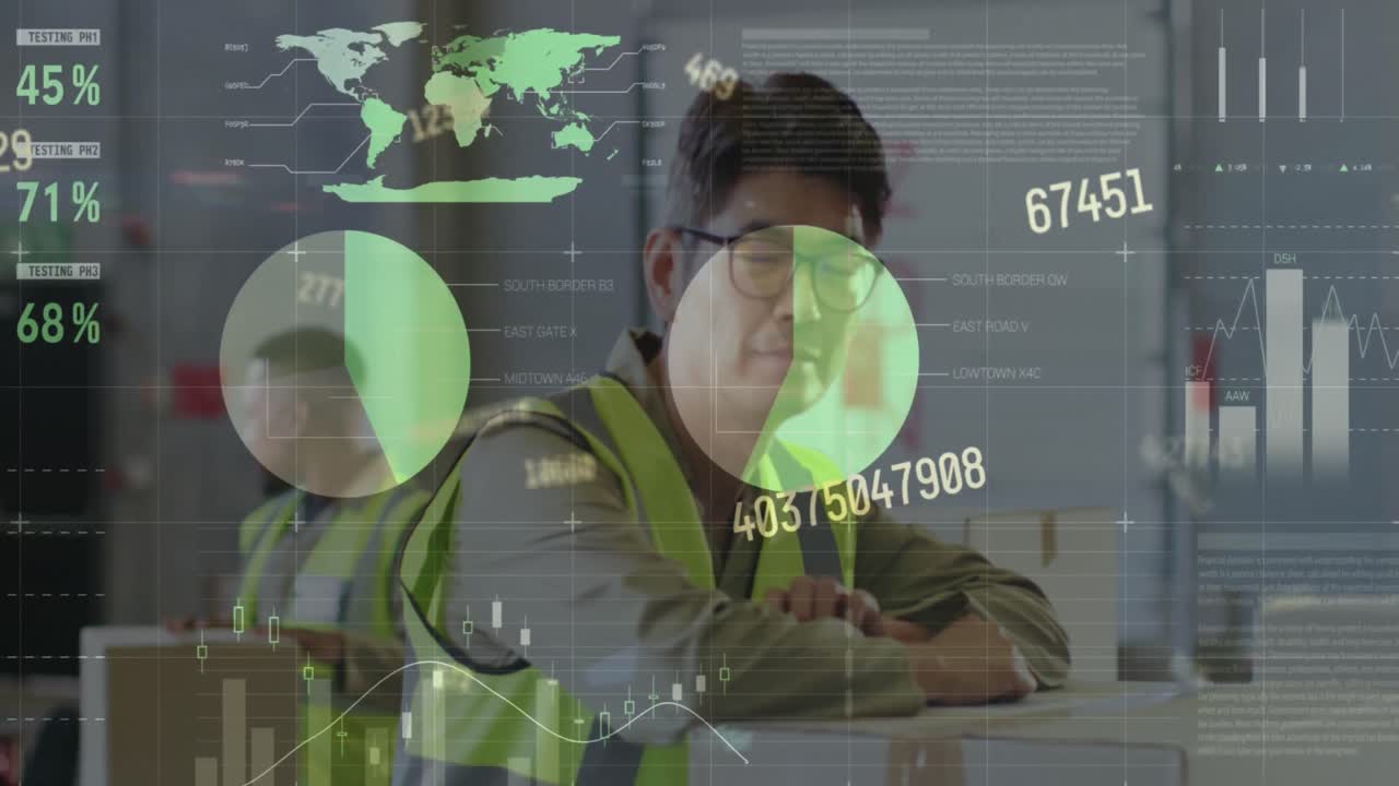 animación de estadísticas y procesamiento de datos sobre hombres biraciales que trabajan en almacenes