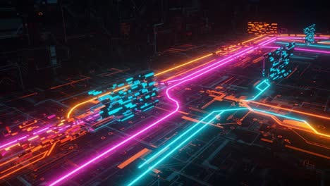dynamic digital landscape featuring vibrant neon pathways and abstract geometric structures showcasing advanced technology and futuristic aesthetics