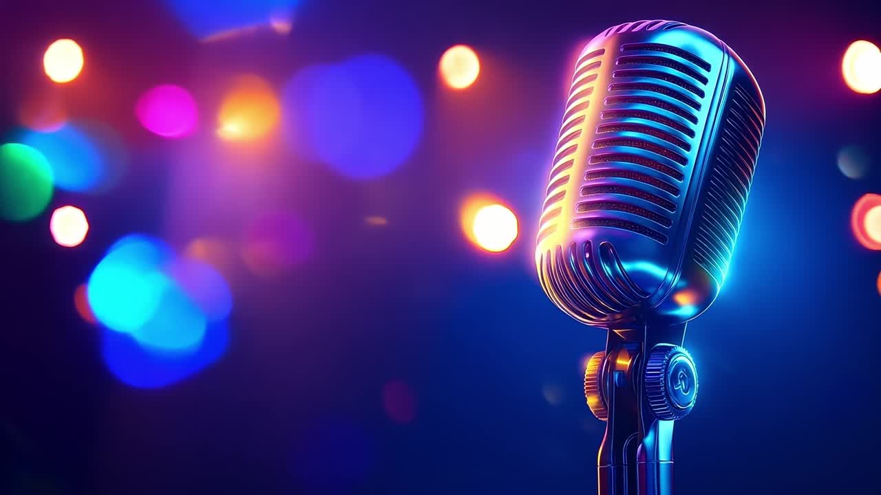 un micrófono en un soporte frente a un fondo colorido