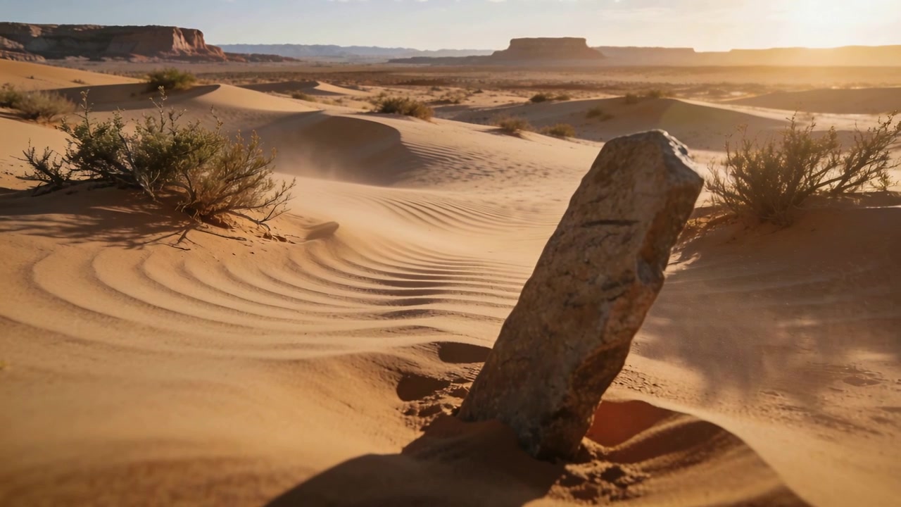 Vento forte carregando areia fina ao redor de uma pedra desgastada em pé em uma planície desértica, esculpindo ondulações