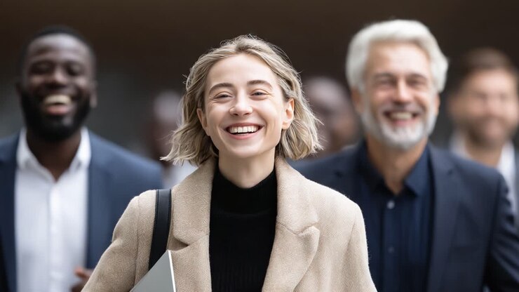 Gruppo Gioioso di Professionisti che Cammina Insieme, Celebrando il Successo e Rafforzando i Legami in un Ambiente Urbano, Irradiando Positività e Collaborazione.