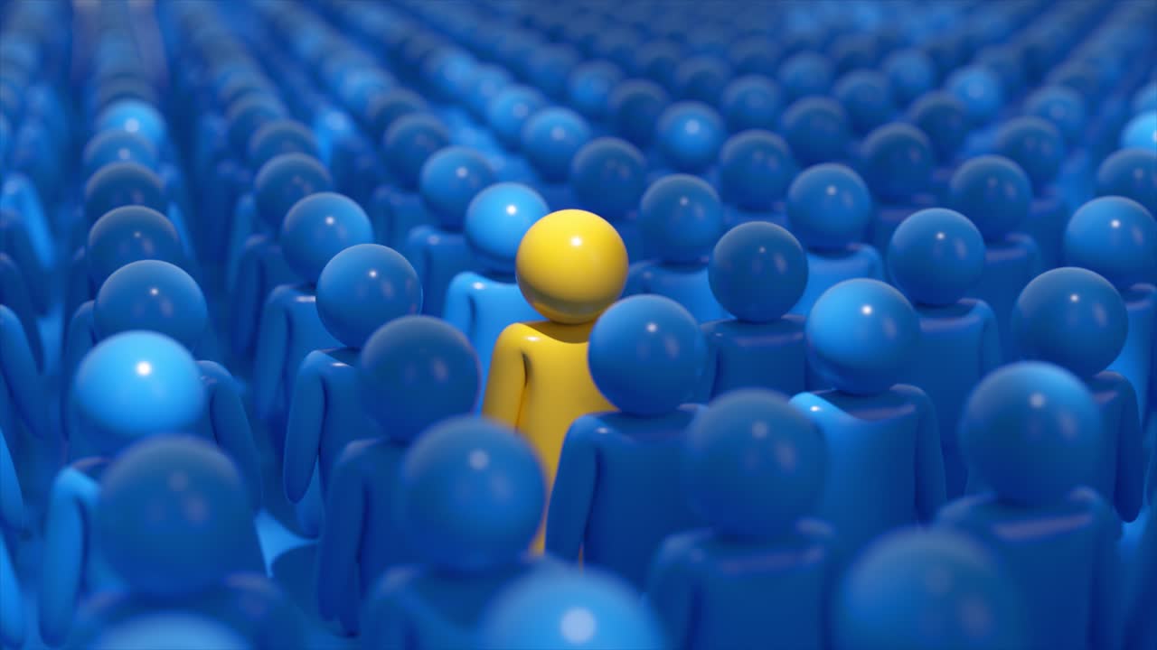 Yellow figure in a crowd of blue figures