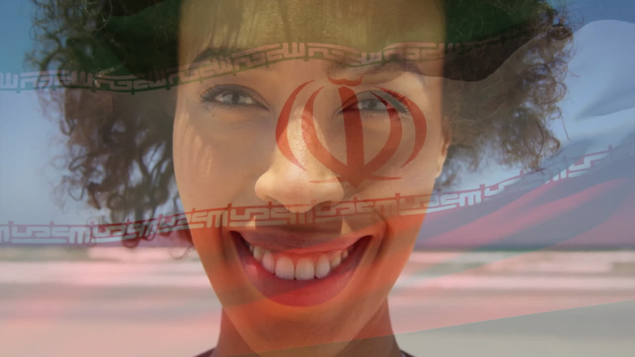Iranian flag animation overlaying smiling person with curly hair in school setting