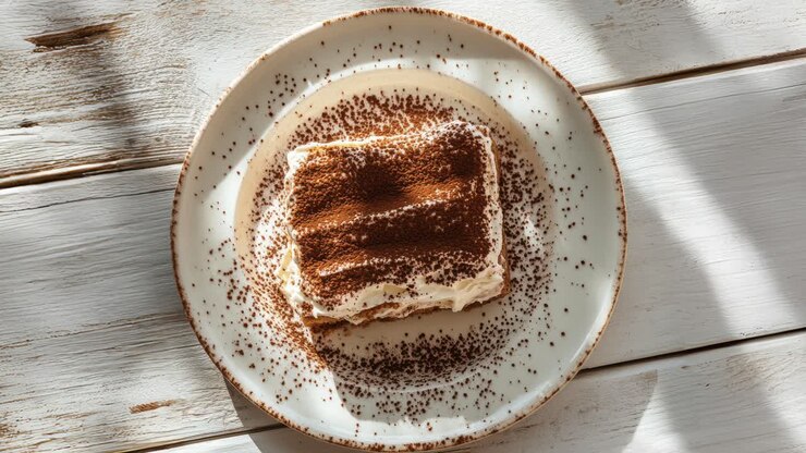 dessert tiramisu su piatto rustico con polvere di cacao