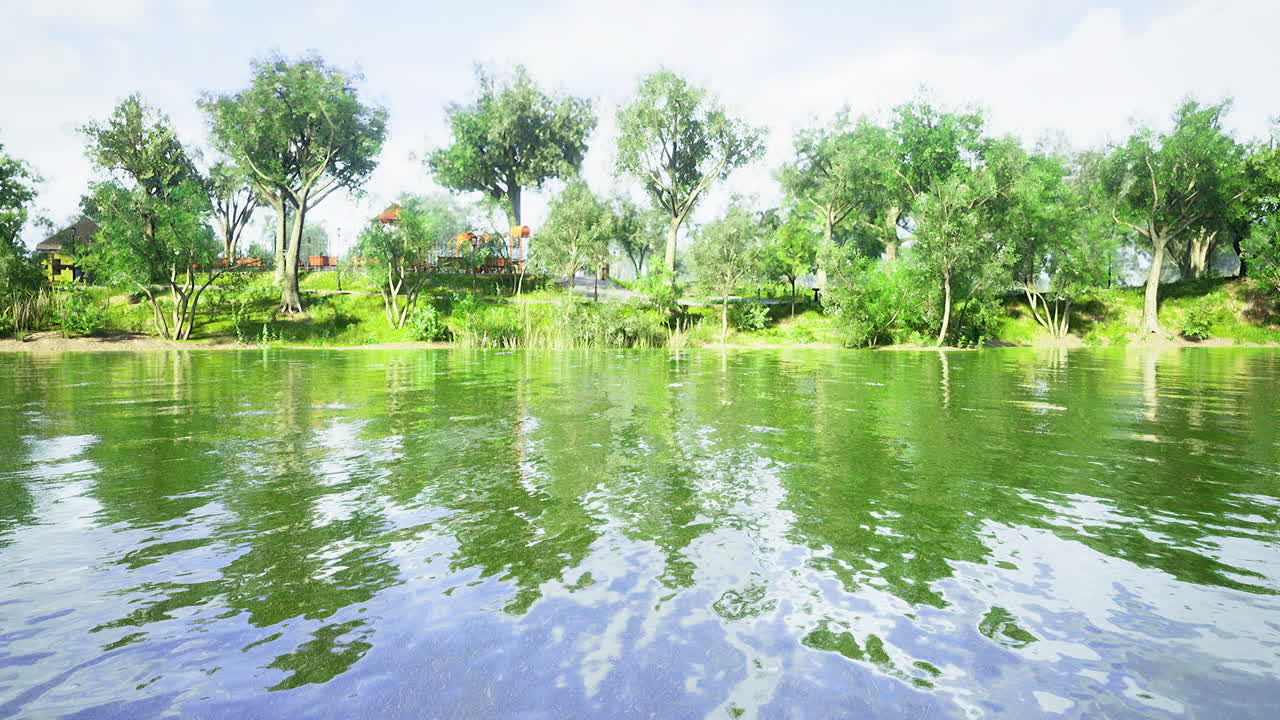 Tranquil lakeside view with reflections of trees and play area in daylight