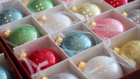 shiny-colored christmas tree balls with a glossy finish are stored in a box