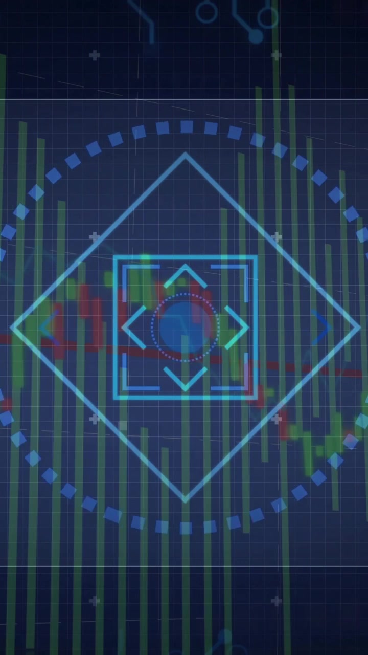 Digital data processing animation over financial graph with geometric shapes