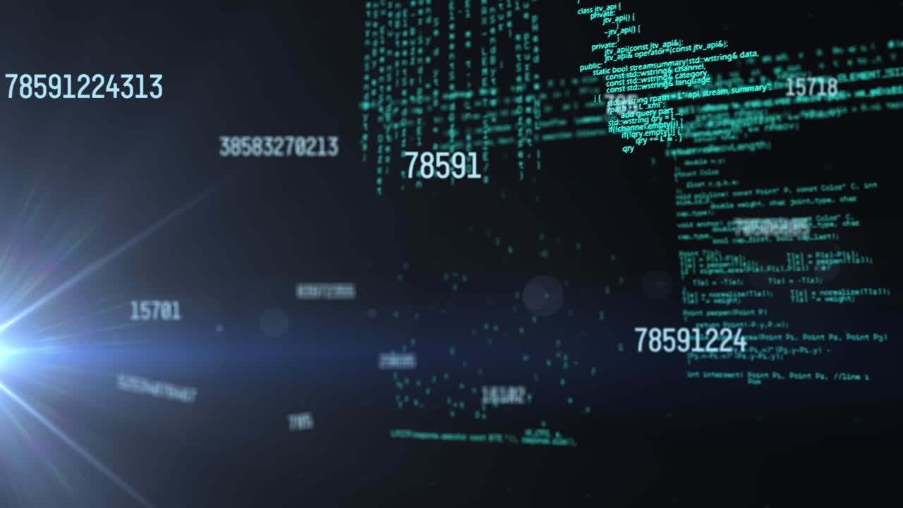 Animation of numbers and data processing over dark background