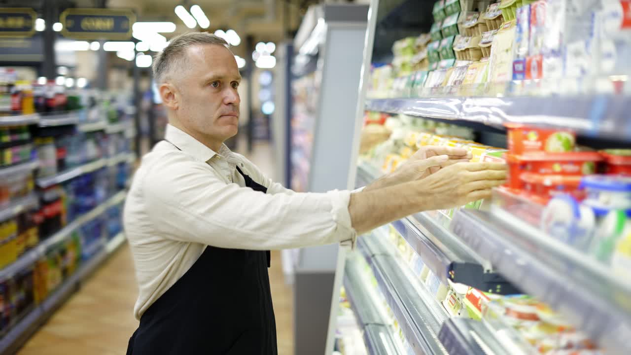 식료품 가게의 중년 노동자가 선반에 있는 상품의 위치를 조정합니다. 유제품 부서. 상품의 검사,