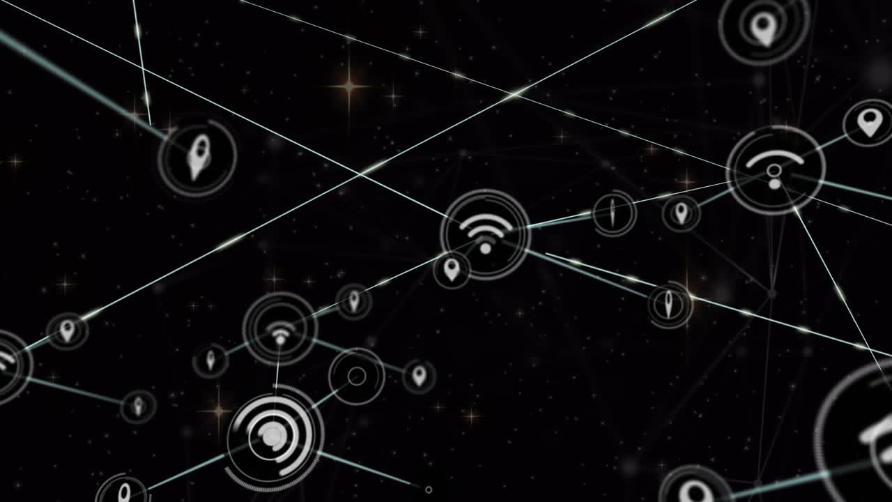 animación de iconos conectados con líneas y estrellas brillantes sobre la galaxia en el fondo.