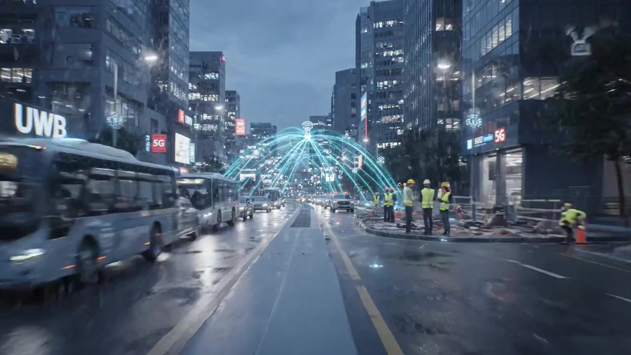 ภาพเมืองยามฝนตก แสดงถนนที่พลุกพล่านด้วยรถประจำทางและรถฉุกเฉิน เคลื่อนผ่านการจราจรภายใต้แสงไฟสลัวของเมืองในช่วงเย็น