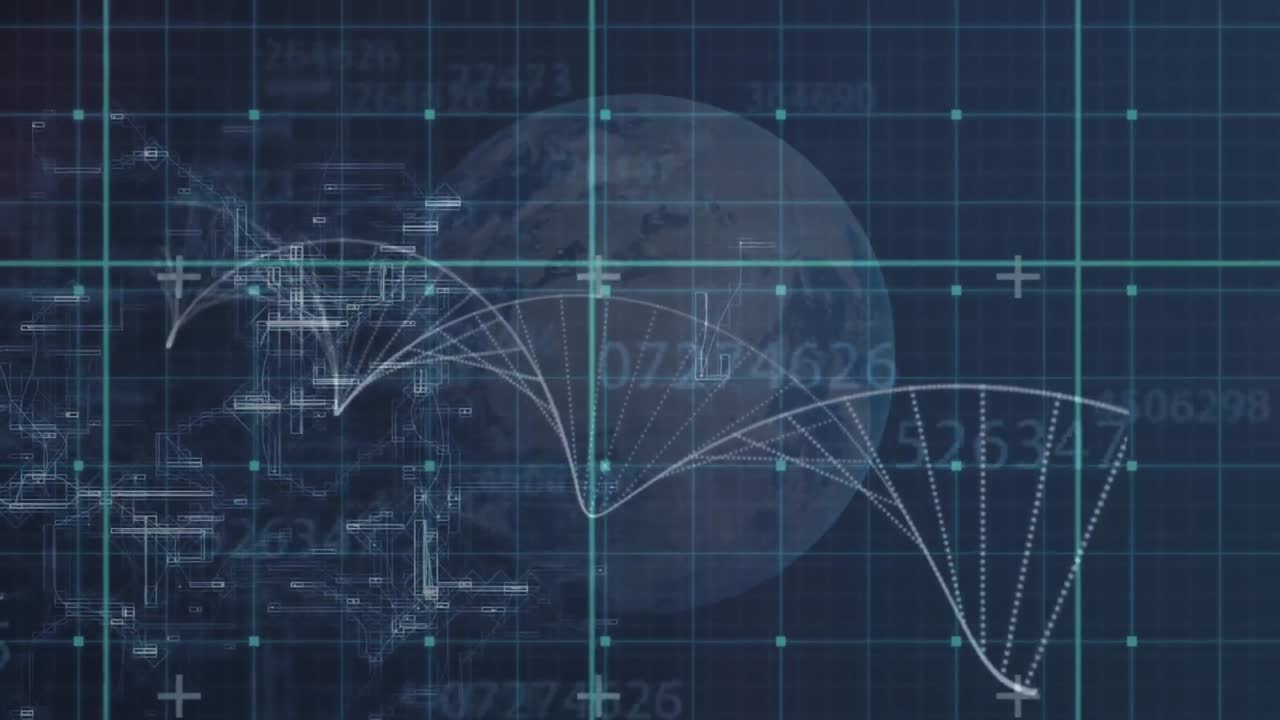 A digital animation of a blue 3d dna strand spinning on a globe and changing numbers