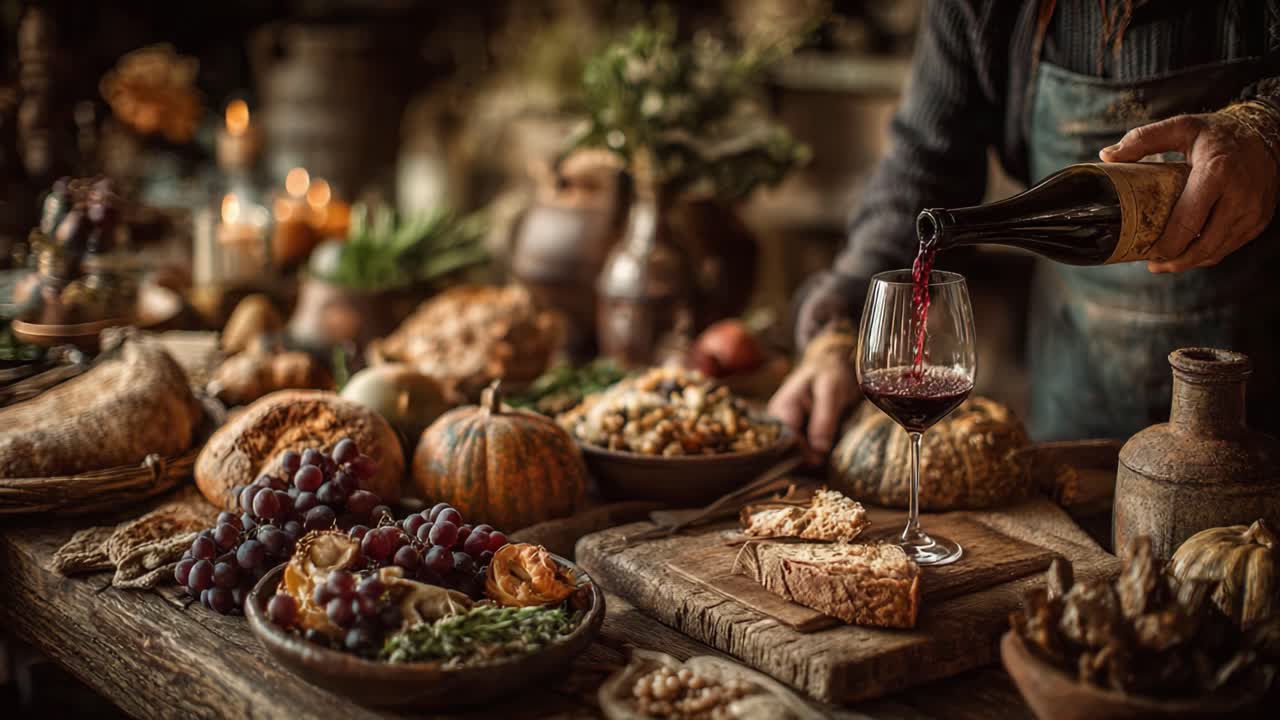 Un banchetto festivo: una tavola imbandita ad arte con piatti gourmet, frutta di stagione e ottimo vino versato in un bicchiere in un'atmosfera accogliente